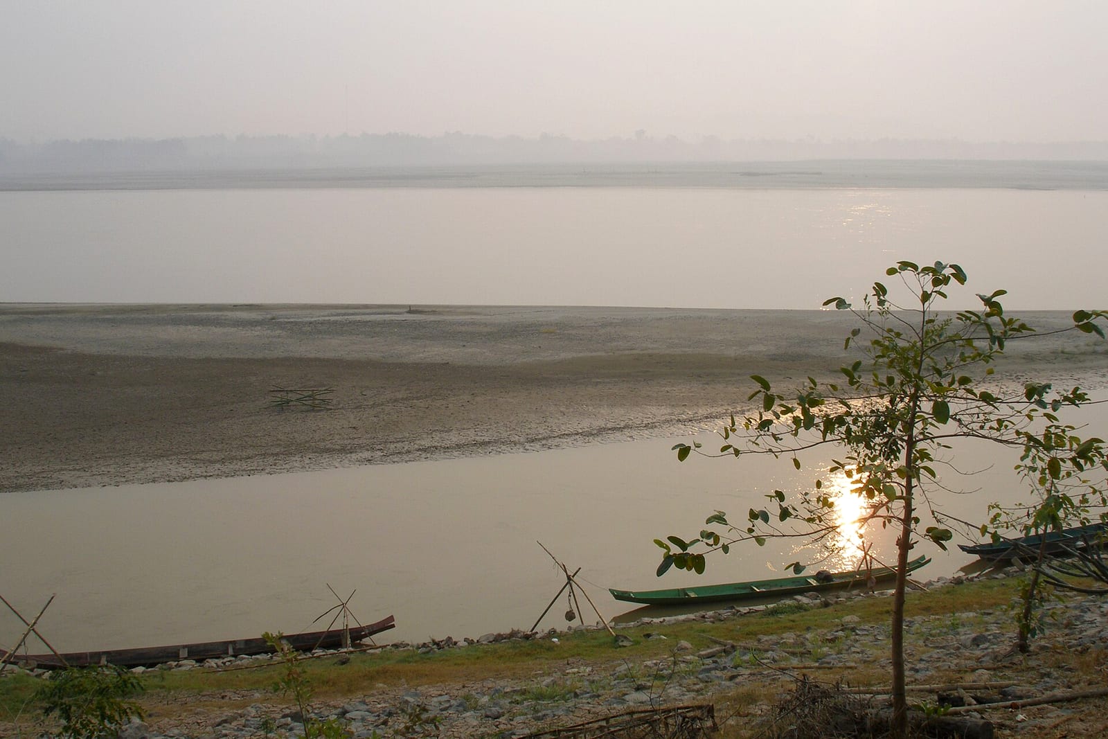 The Mekong River at Chiang Saen, with Thailand on the near bank and Laos opposite - the river system that drains the Khorat Plateau where Betta smaragdina occurs.